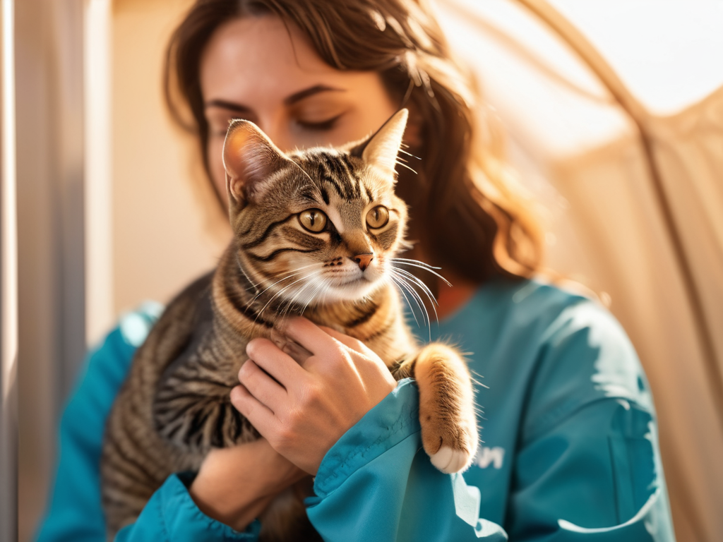 A volunteer caring for a rescued cat